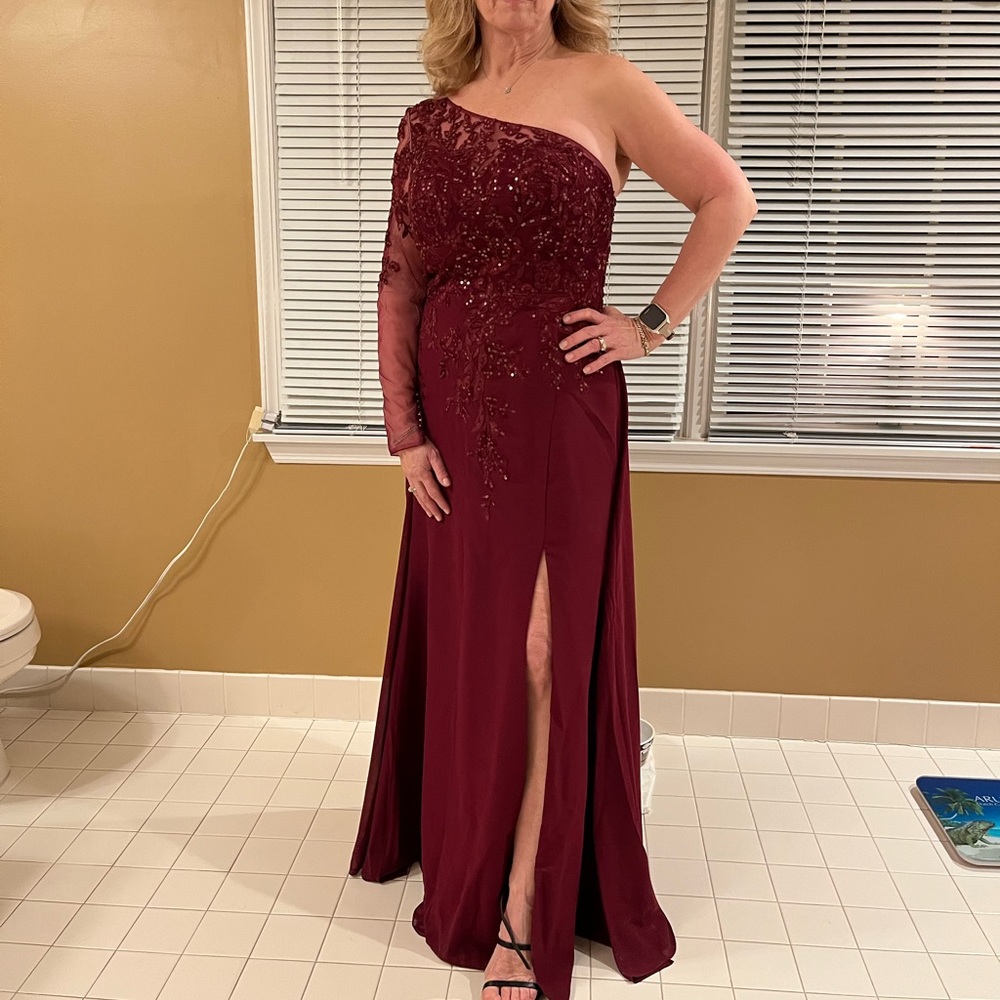 Burgundy Gown One Shoulder Sequined